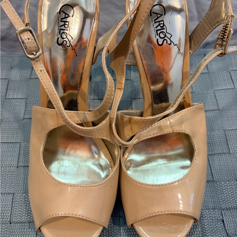 CARLOS Beige Peep-Toe Heels.